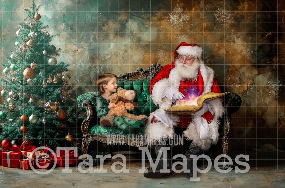 Santa on Painterly Green Victorian Couch  - Painterly Classic Christmas Room  - Christmas Digital Background JPG