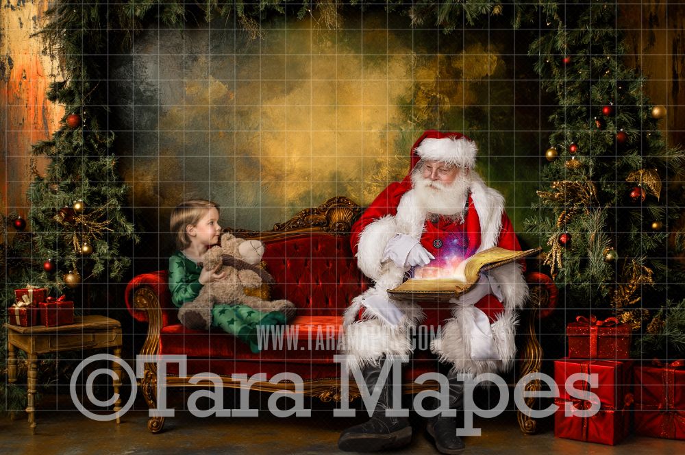 Santa on Painterly Red Victorian Couch  - Painterly Classic Christmas Room  - Christmas Digital Background JPG