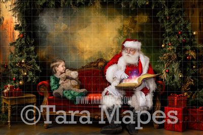 Santa on Painterly Red Victorian Couch  - Painterly Classic Christmas Room  - Christmas Digital Background JPG