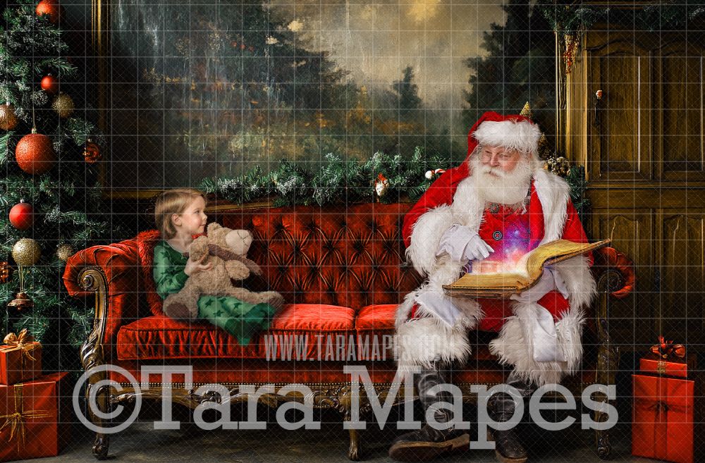 Santa on Painterly Red Victorian Couch  - Painterly Classic Christmas Room  - Christmas Digital Background JPG