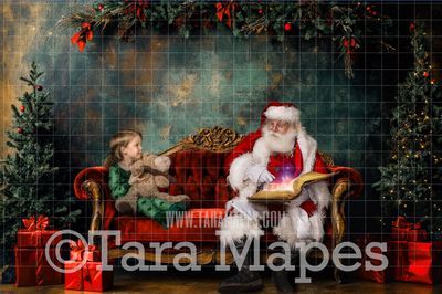 Santa on Painterly Red Victorian Couch  - Painterly Classic Christmas Room  - Christmas Digital Background JPG