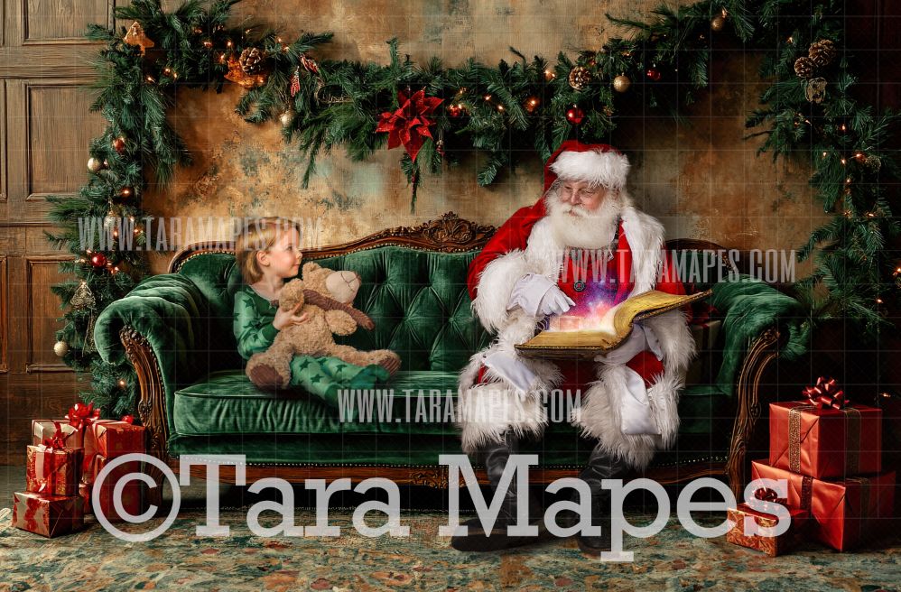 Santa on Painterly Green Victorian Couch  - Painterly Classic Christmas Room  - Christmas Digital Background JPG