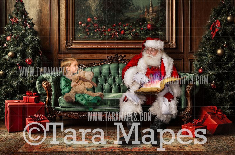 Santa on Painterly  Victorian Couch  - Painterly Classic Christmas Room  - Christmas Digital Background JPG