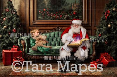 Santa on Painterly  Victorian Couch  - Painterly Classic Christmas Room  - Christmas Digital Background JPG