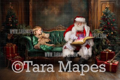 Santa on Painterly  Victorian Couch  - Painterly Classic Christmas Room  - Christmas Digital Background JPG