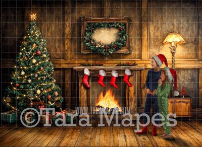 Cozy Fireplace Scene - Painterly Classic Christmas Room  - Oil Painting Style Christmas Digital Background JPG