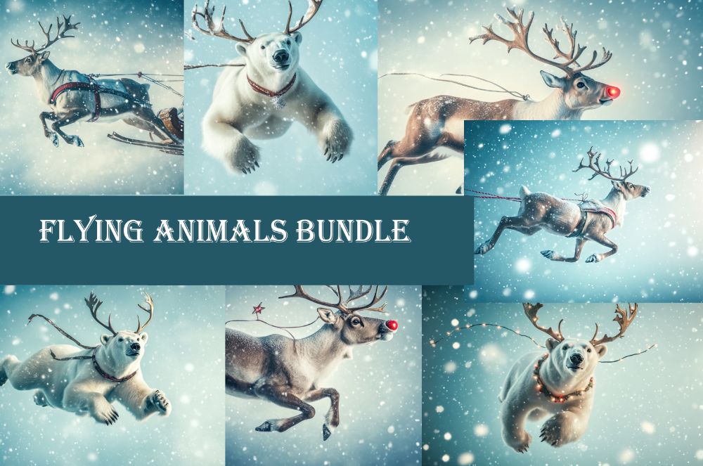 Flying Reindeer and Flying Polar Bear Digital Bundle - 7 PACK of Reindeer and Polar Bear Digital Backgrounds JPG