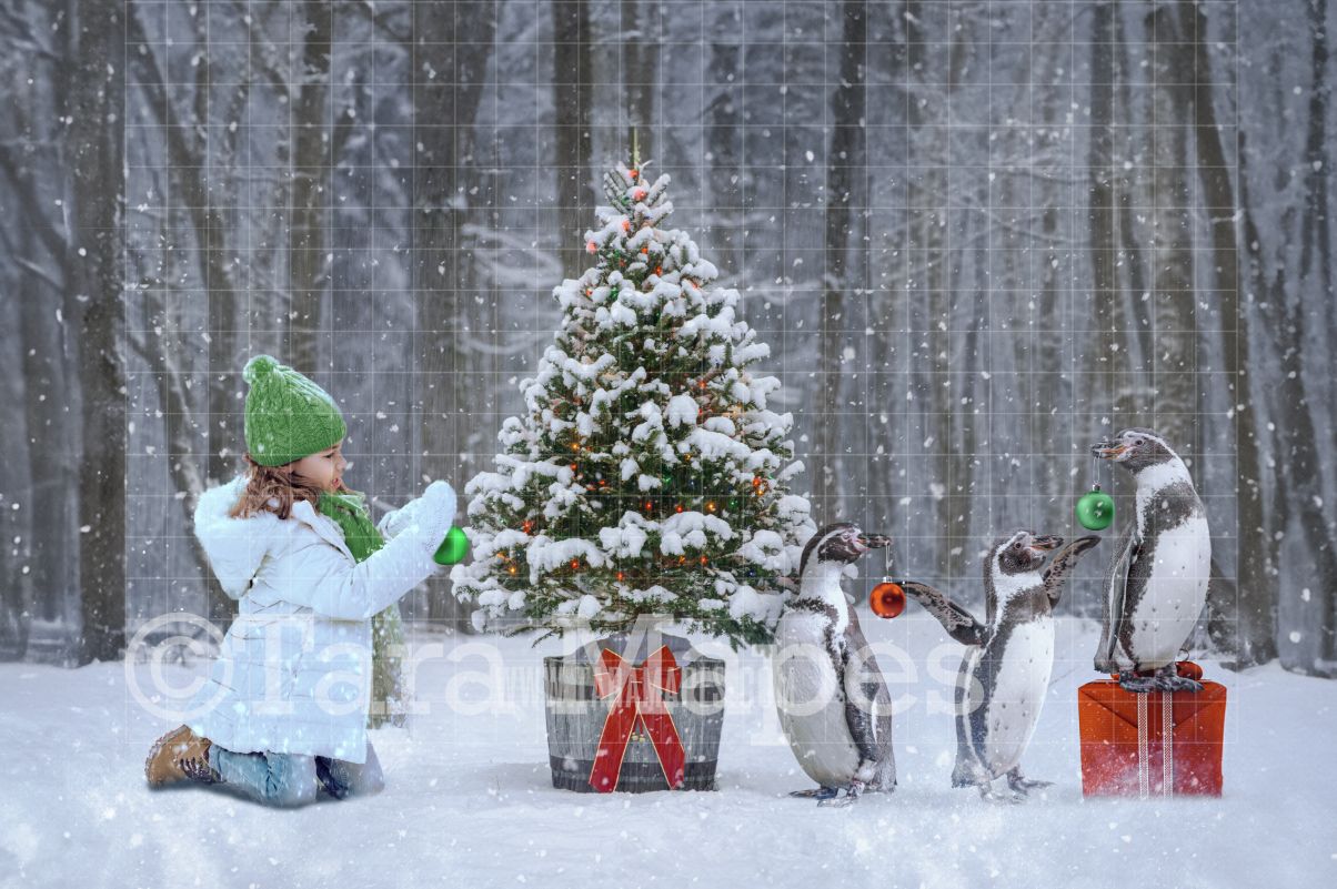 Penguins Decorating Christmas Tree in Snow - FREE snow overlay - Christmas Holiday Winter Scene Digital Background