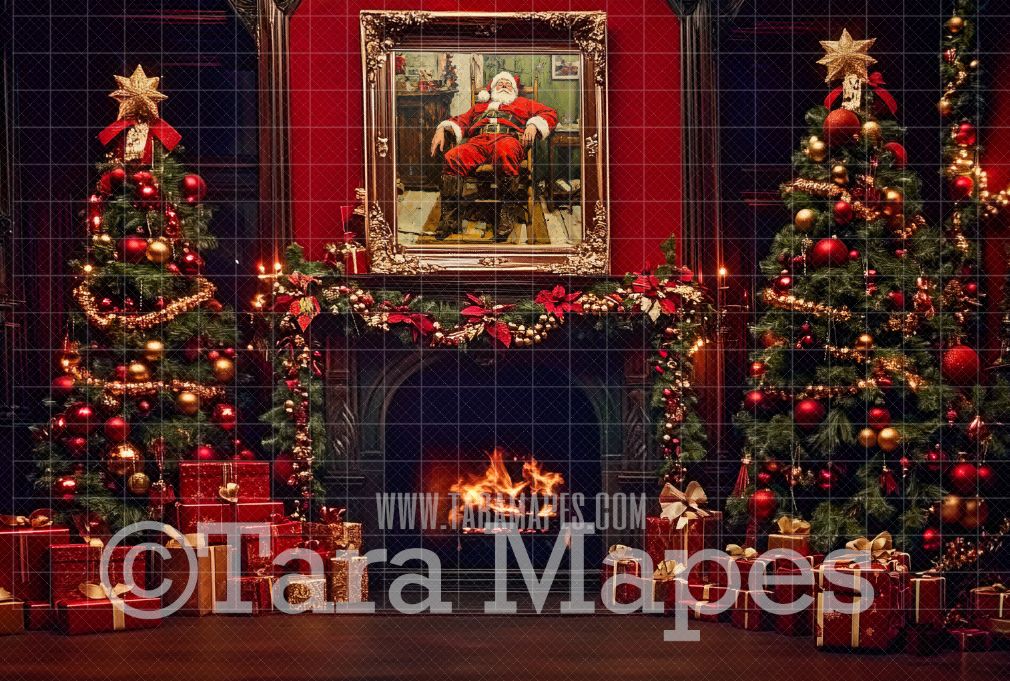 Classic Christmas Fireplace with Painting Christmas Digital Background JPG