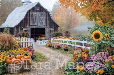 Fall Barn Digital Backdrop -  Autumn Path with Barn Digital Backdrop - Fall Autumn Digital Background - Free Leaves PNG included