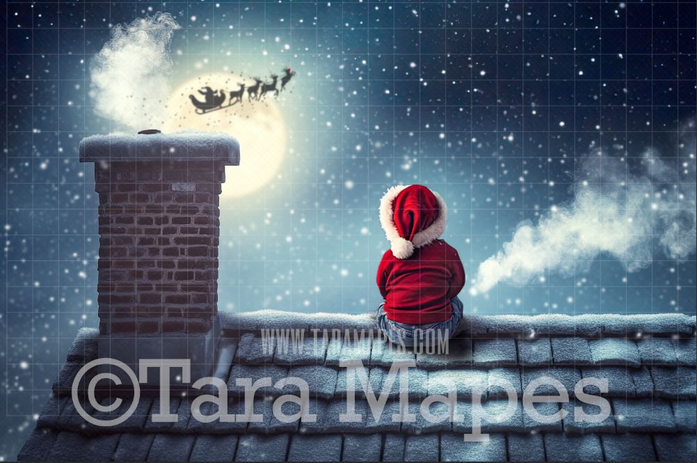 Christmas Roof with Santa in Moon Christmas Digital Background JPG