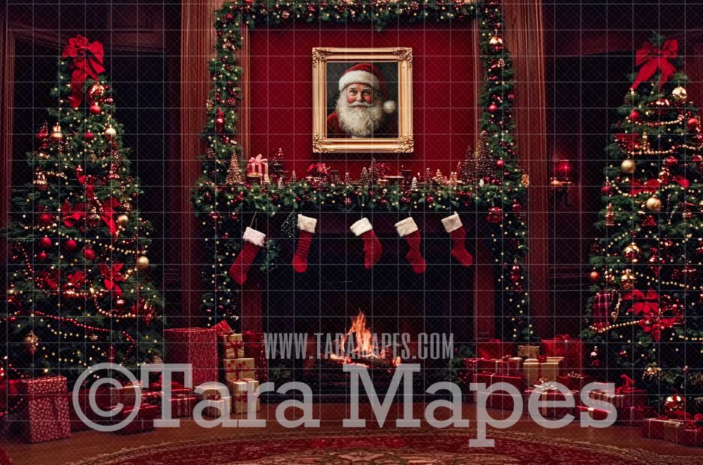 Classic Christmas Fireplace with Painting Christmas Digital Background JPG