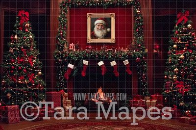 Classic Christmas Fireplace with Painting Christmas Digital Background JPG