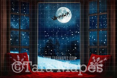 Christmas Window Christmas Digital Background JPG - Christmas Window Santa in Moon