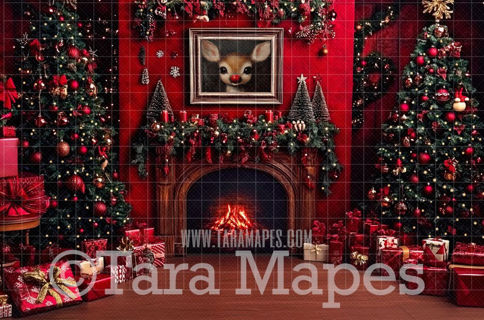 Classic Christmas Fireplace with Painting Christmas Digital Background JPG