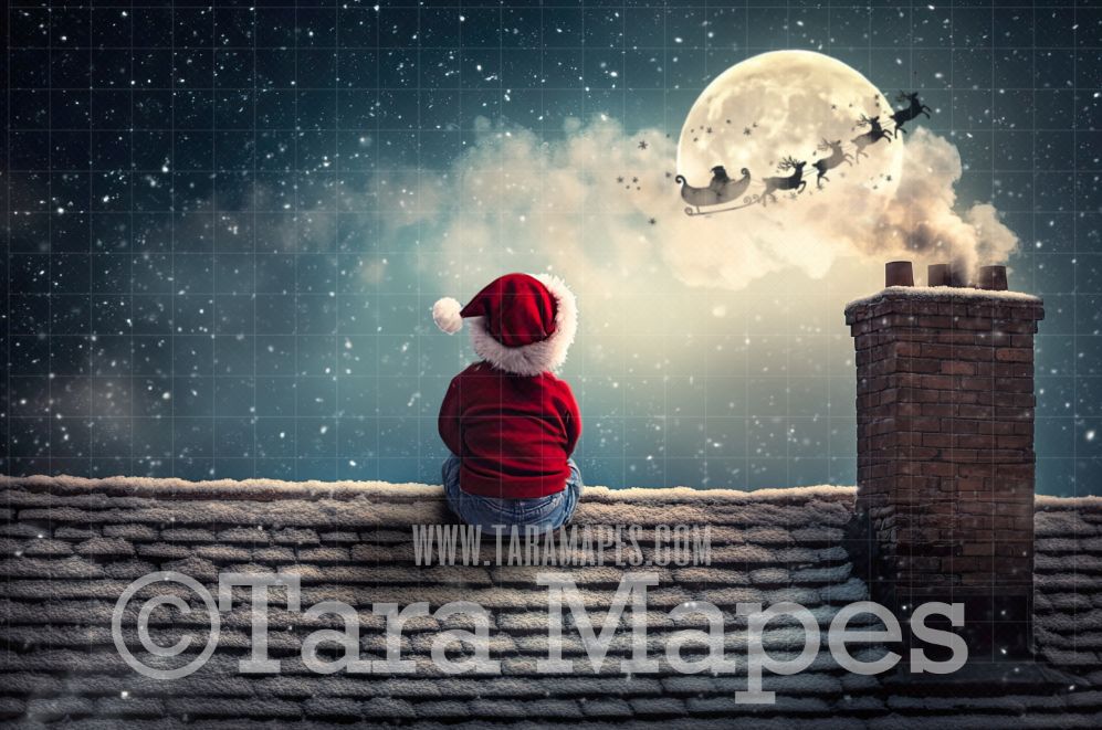 Christmas Roof with Santa in Moon Christmas Digital Background JPG