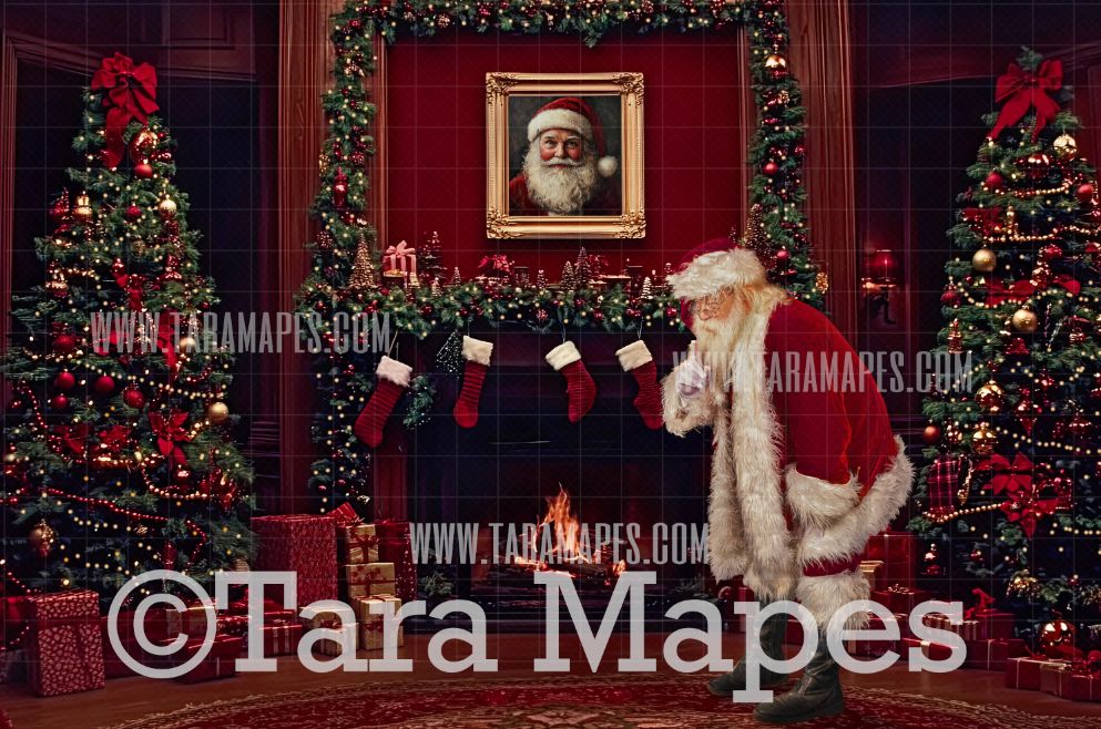 Santa by Christmas Fireplace Christmas Digital Background JPG