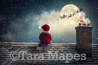 Christmas Roof with Santa in Moon Christmas Digital Background JPG