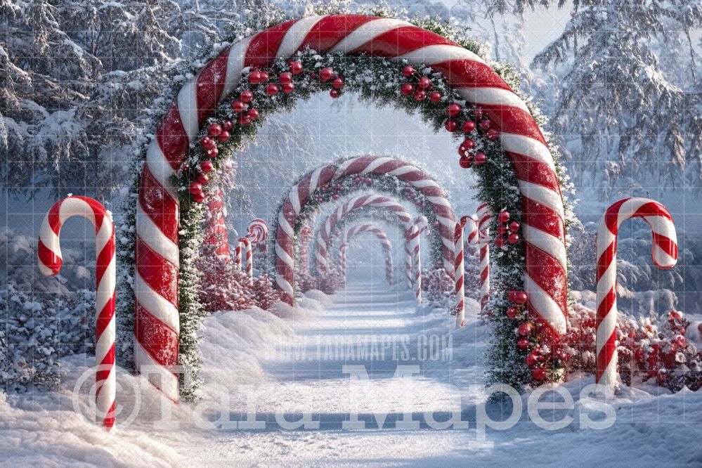 Candy Cane Arch Digital Backdrop - Free Snow overlay - Christmas Holiday Digital Background Backdrop JPG