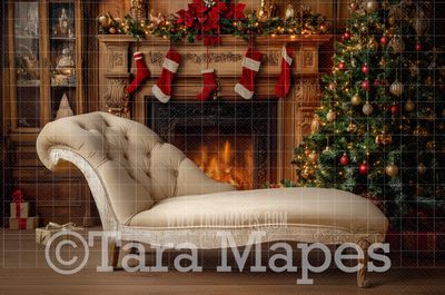 Classic Christmas Fireplace with Sofa Christmas Digital Background JPG