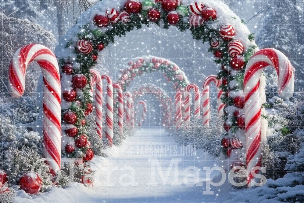 Candy Cane Arch Digital Backdrop - Free Snow overlay - Christmas Holiday Digital Background Backdrop JPG