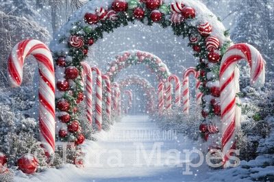 Candy Cane Arch Digital Backdrop - Free Snow overlay - Christmas Holiday Digital Background Backdrop JPG