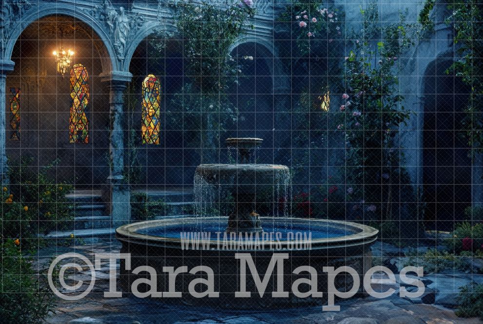 Castle Fountain Square Digital Backdrop - Snow White Digital Background JPG