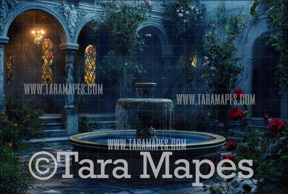 Castle Fountain Square Digital Backdrop - Snow White Digital Background JPG