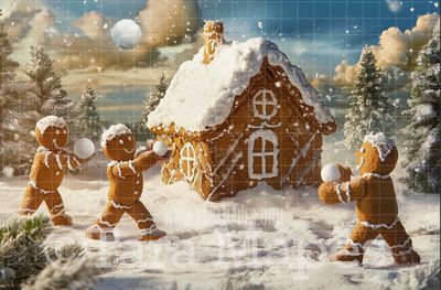 Gingerbread Snowball Fight Digital Backdrop - Free Snow overlay - Gingerbread Christmas Holiday Digital Background Backdrop JPG