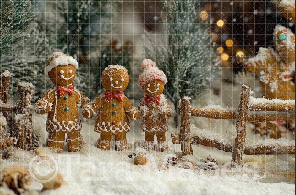 Gingerbread Family Digital Backdrop - Free Snow overlay - Gingerbread Christmas Holiday Digital Background Backdrop JPG
