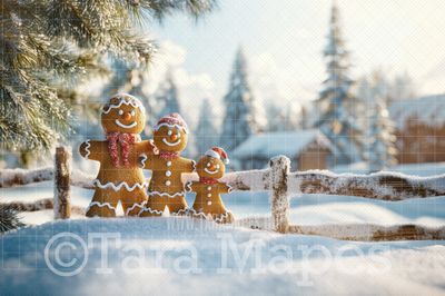 Gingerbread Family Digital Backdrop - Free Snow overlay - Gingerbread Christmas Holiday Digital Background Backdrop JPG