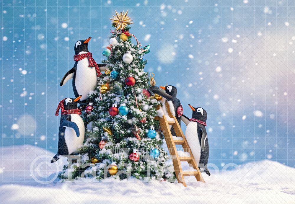 Penguins Decorating Tree Digital Backdrop - Free Snow overlay - Christmas Holiday Digital Background Backdrop JPG