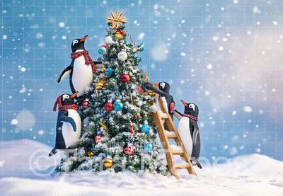 Penguins Decorating Tree Digital Backdrop - Free Snow overlay - Christmas Holiday Digital Background Backdrop JPG