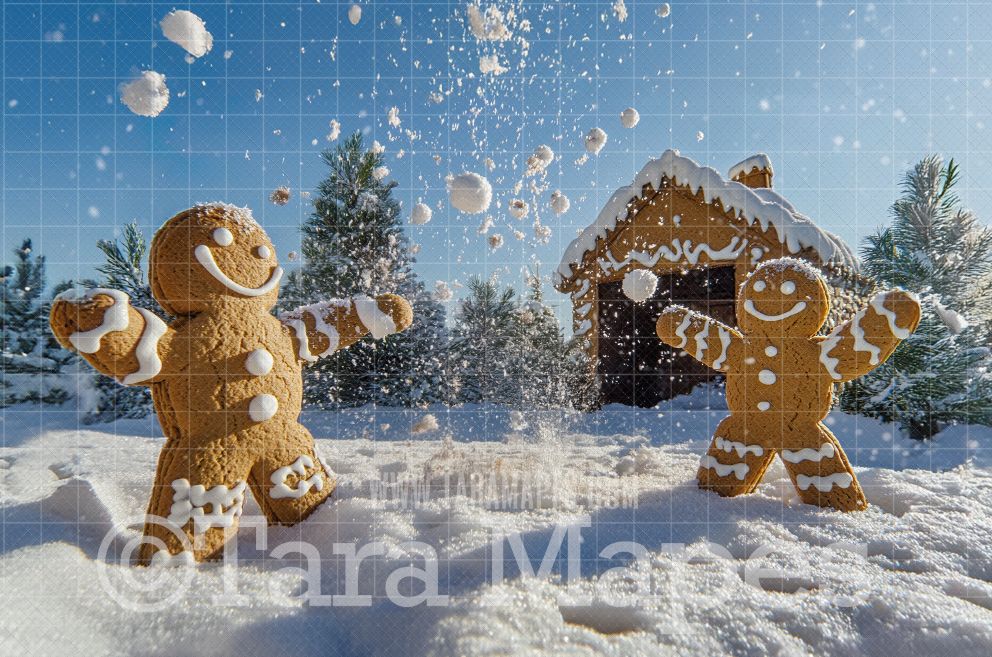 Gingerbread Snowball Fight Digital Backdrop - Free Snow overlay - Gingerbread Christmas Holiday Digital Background Backdrop JPG