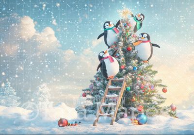 Penguins Decorating Tree Digital Backdrop - Free Snow overlay - Christmas Holiday Digital Background Backdrop JPG