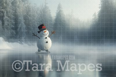 Snowman Ice Skating Digital Backdrop - Free Snow overlay - Snowman on Frozen Pond Digital Background Backdrop JPG