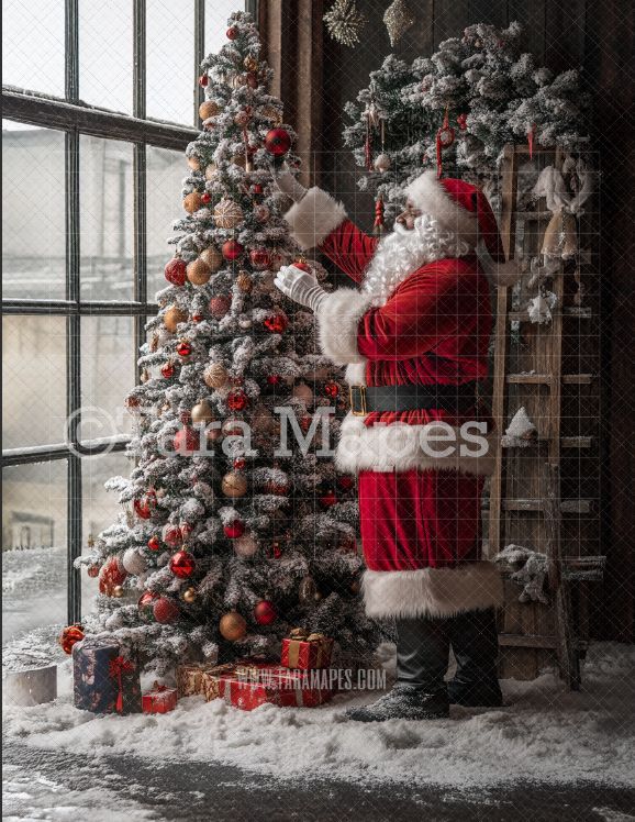 Black Santa Digital Backdrop - Black Santa Decorating Christmas Tree - Christmas Digital Background
