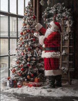 Black Santa Digital Backdrop - Black Santa Decorating Christmas Tree - Christmas Digital Background