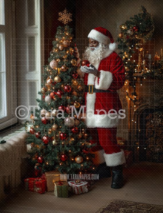 Black Santa Digital Backdrop - Black Santa Decorating Christmas Tree - Christmas Digital Background