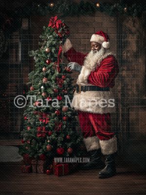 Black Santa Digital Backdrop - Black Santa Decorating Christmas Tree - Christmas Digital Background