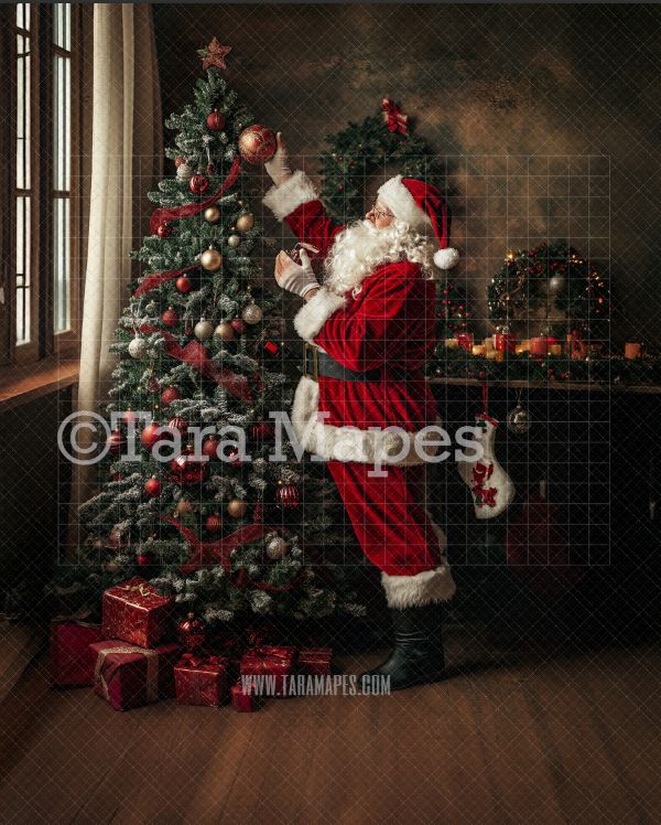 Santa Digital Backdrop - Santa Decorating Christmas Tree - Free Snow Overlay Included - Santa Christmas Digital Backdrop by Tara Mapes