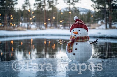 Snowman Digital Backdrop - Free Snow overlay - Snowman on Frozen Pond Digital Background Backdrop JPG