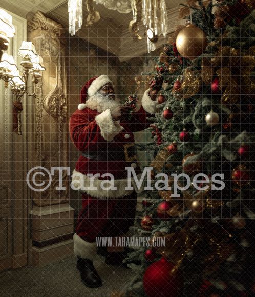 Black Santa Digital Backdrop - Black Santa Decorating Christmas Tree - Christmas Digital Background