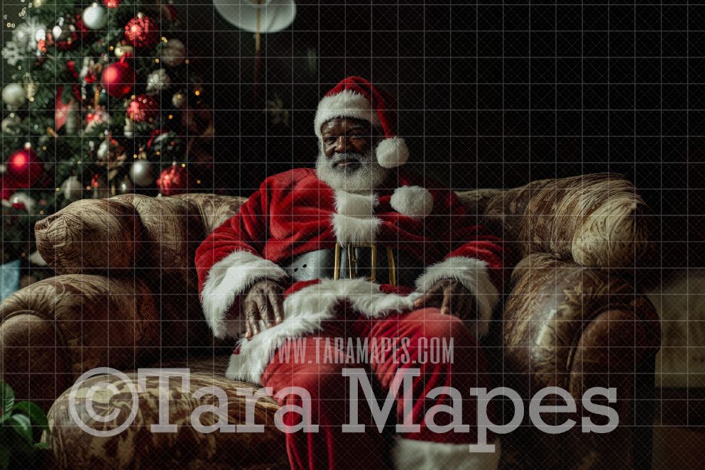 Black Santa Digital Backdrop - Black Santa on Chair - Christmas Digital Background