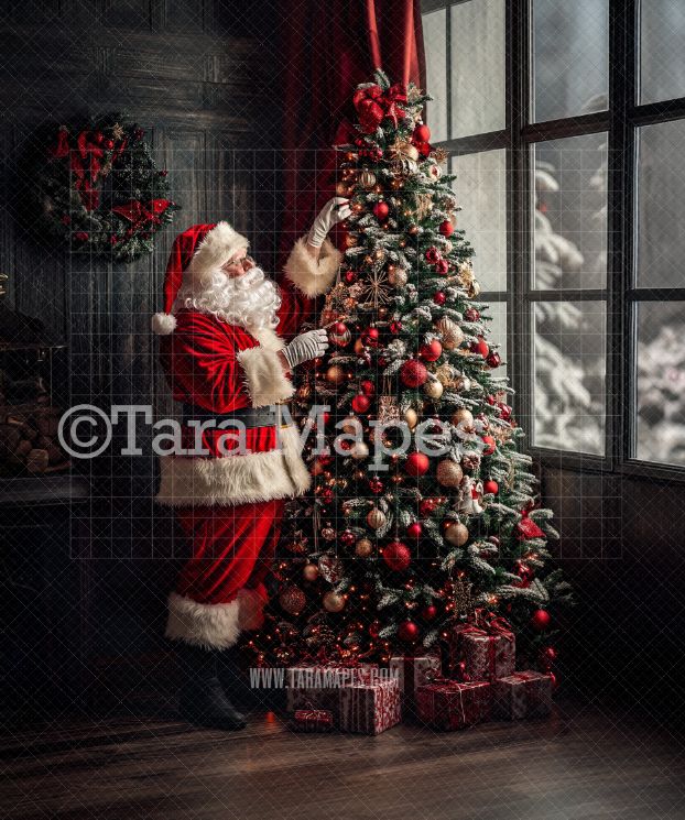 Santa Digital Backdrop - Santa Decorating Christmas Tree - Free Snow Overlay Included - Santa Christmas Digital Backdrop by Tara Mapes