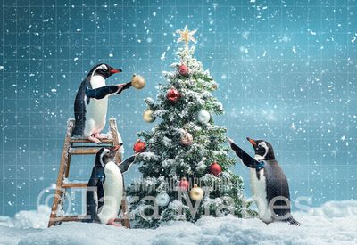 Penguins Decorating Tree Digital Backdrop - Free Snow overlay - Christmas Holiday Digital Background Backdrop JPG