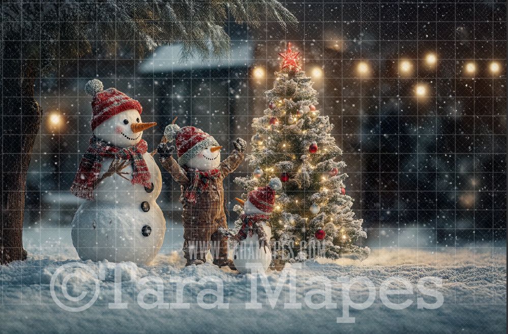 Snowman Family Decorating Tree Digital Backdrop - Free Snow overlay - Christmas Holiday Digital Background Backdrop JPG