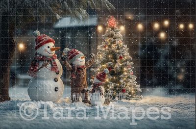 Snowman Family Decorating Tree Digital Backdrop - Free Snow overlay - Christmas Holiday Digital Background Backdrop JPG