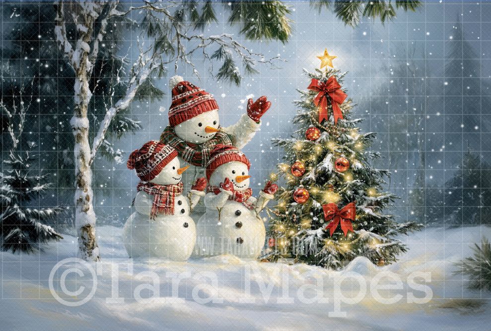 Snowman Family Decorating Tree Digital Backdrop - Free Snow overlay - Christmas Holiday Digital Background Backdrop JPG