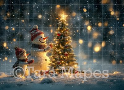 Snowman Family Decorating Tree Digital Backdrop - Free Snow overlay - Christmas Holiday Digital Background Backdrop JPG